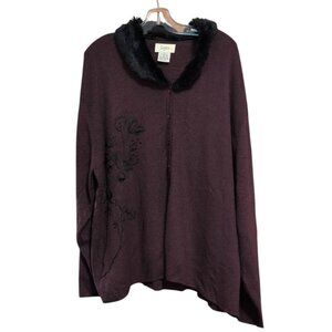 Laura Sweater Faux Fur Collared Cardigan with Removable V Neck Collard Embroiled